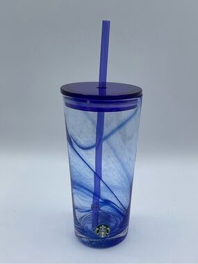 Starbucks Summer 2020 Blue Swirl Glass Tumbler Cold Cup 18 Oz Lid Straw